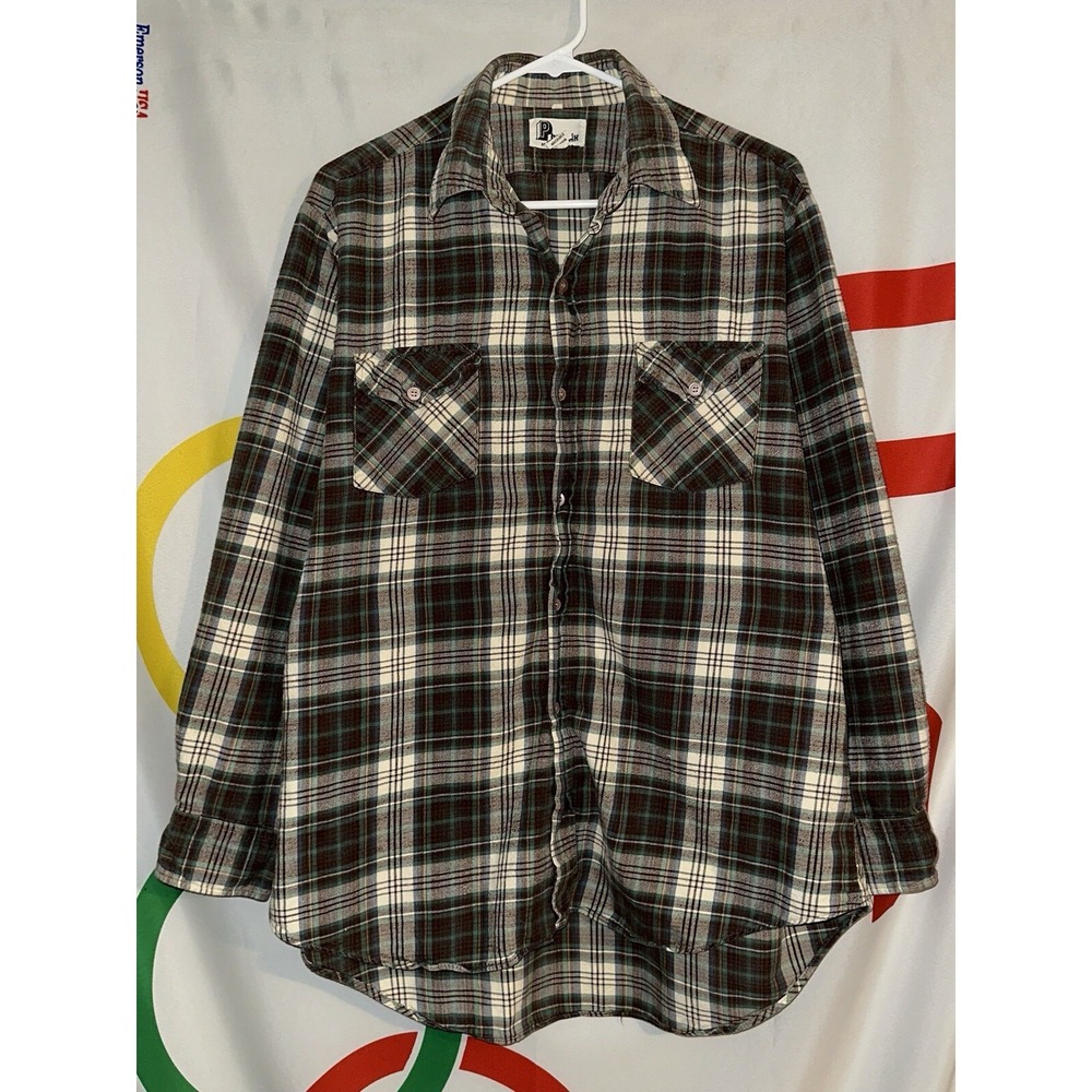 Vintage Phoenix Flannel Button Up Shirt Mens Large Green Brown Plaid Cotton 90s
